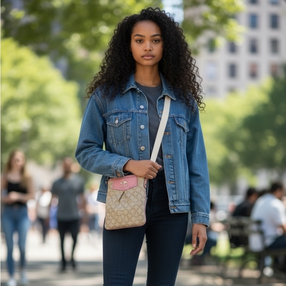 Coach Tan Signature Canvas Crossbody with Dusty Rose Trim